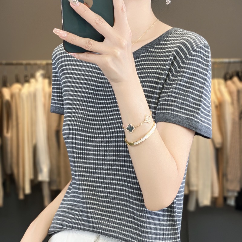 Retro knitted summer thin elastic design short sleeve T-shirt