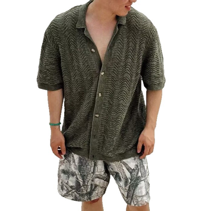 Polo camiseta de punto camiseta de manga corta camiseta hombre hueco cardigán cubano viejo dinero viento hielo seda fábrica transfronteriza al por mayor