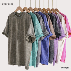 230g water-wash batik distressed heavy-duty pure cotton men's loose snowflake shoulder drop cross-border exclusive short-sleeved T-shirt