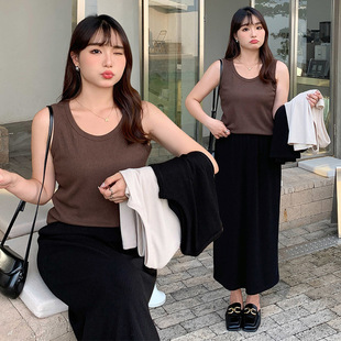 Fat mm Vest Meat Covering Loose Large Size Women's 200 Jin Spring and Autumn Knitted Belly Covering Slim Base Vest 3190