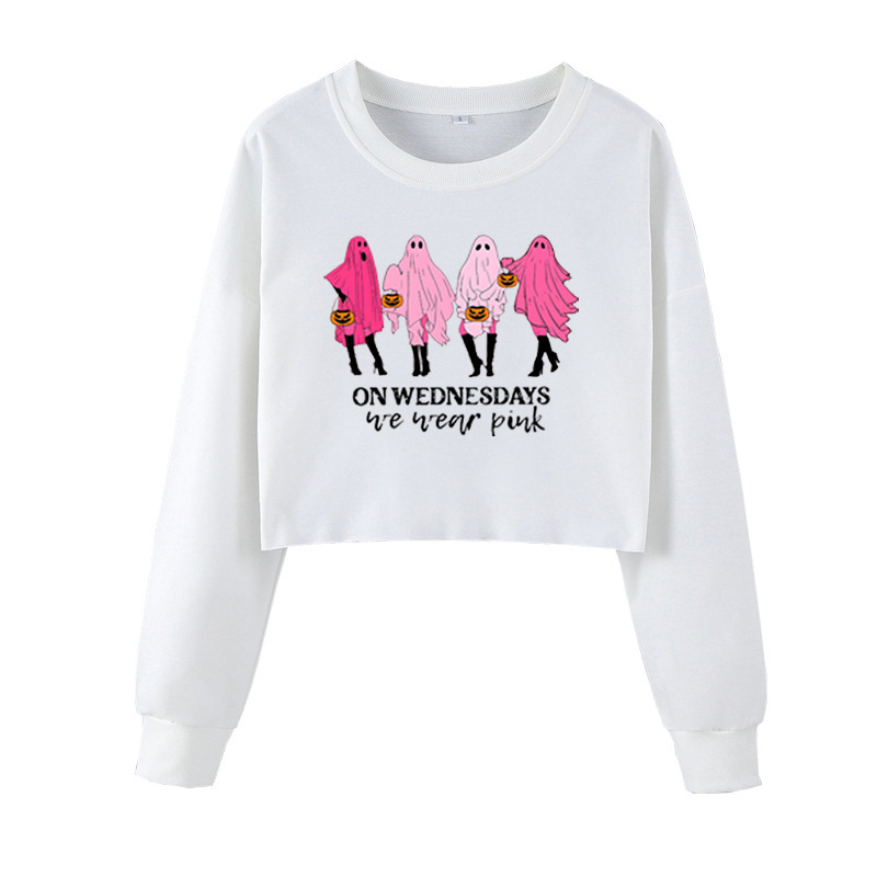 On Wednesday, we wear pink printed umbilical sweater, Halloween merchandise, long sleeve Korean version of loose casual fleece