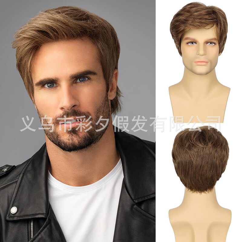 European and American Men's Short Wigs, Straight Wavy Natural Blonde Light Brown Hair, Heat-Resistant Wigs Suitable for Daily Parties
