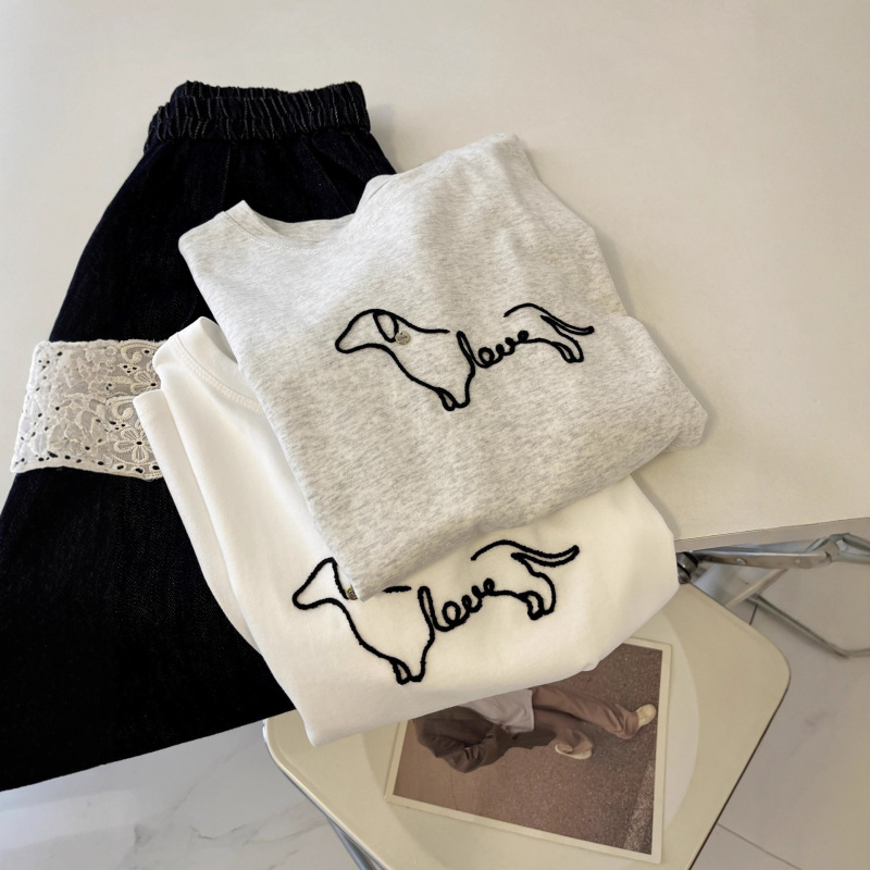 Korean Style Design Dog Line Embroider Right Shoulder Short-Sleeved T-Shirt Women's Summer New Trendyy Pure Cotton Versatile Top Korean Style Design Dog Line Embroider Right Shoulder Short-Sleeved T-Shirt Women's Summer New Trendyy Pure Cotton Versatile Top