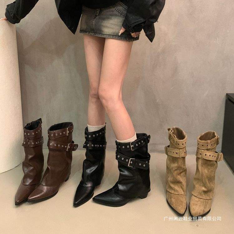 Fashionable Spicy Girl Pointed Toe High Heel Ankle Boots for Women 2025 Autumn and Winter New Design Niche Belt Buckle Stacked Boots
