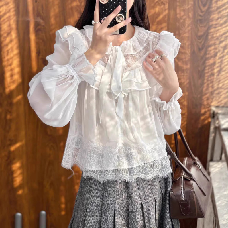 Sp Same Style 2026 Spring New Ruffled Long-Sleeve Chiffon Lace Bow Tie Elegant Shirt Top