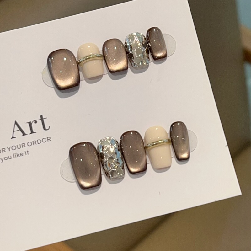 【Rings】Autumn and Winter Brown Cat-Eye Color Cream White Pure Handmade Wearable Short Nail Art Wholesale Nail Stickers 【Rings】Autumn and Winter Brown Cat-Eye Color Cream White Pure Handmade Wearable Short Nail Art Wholesale Nail Stickers