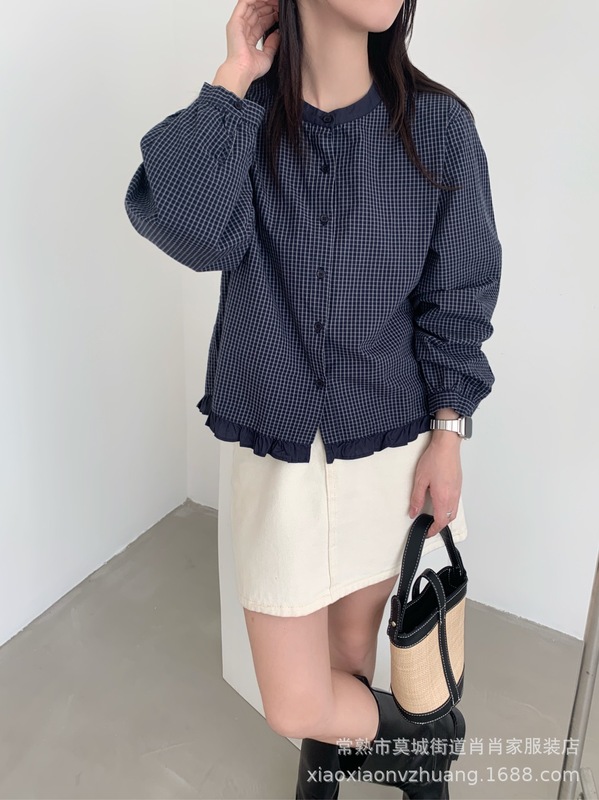 2025新款秋季条纹款木耳边下摆拼接款设计感女装新款衬衫女3006|undefined