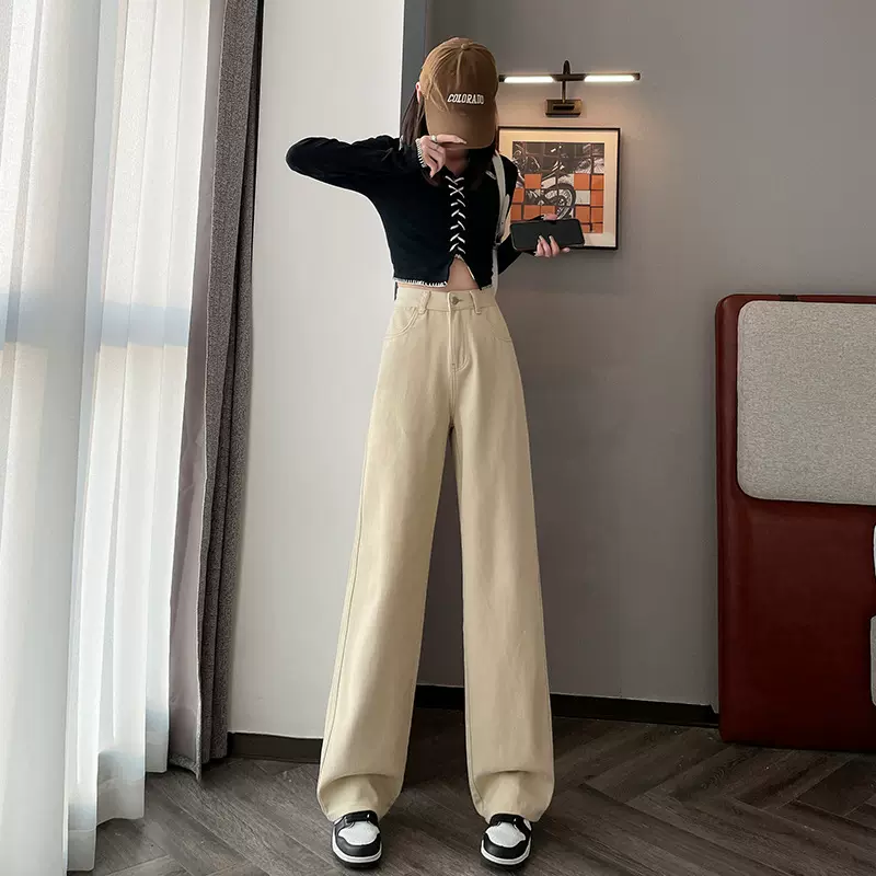 卡其色牛仔裤女春季新款2025宽松显瘦小个子窄版阔直筒牛仔裤女