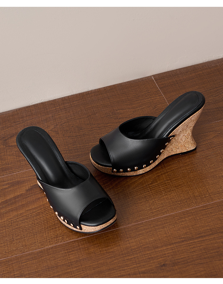 Sandal cao gót nữ hở mũi đế xuồng 11cm đinh tán — màu đen, màu trắng ngà chi tiết 22