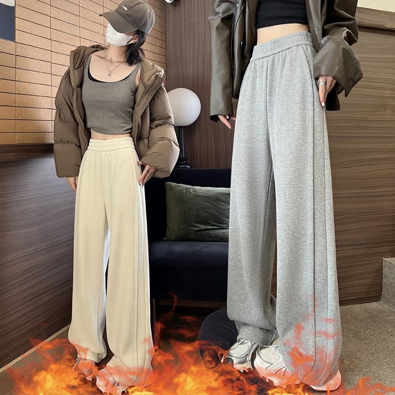 灰色雪尼尔条绒阔腿裤女秋冬2025新款加绒加厚裤子慵懒休闲糯米裤