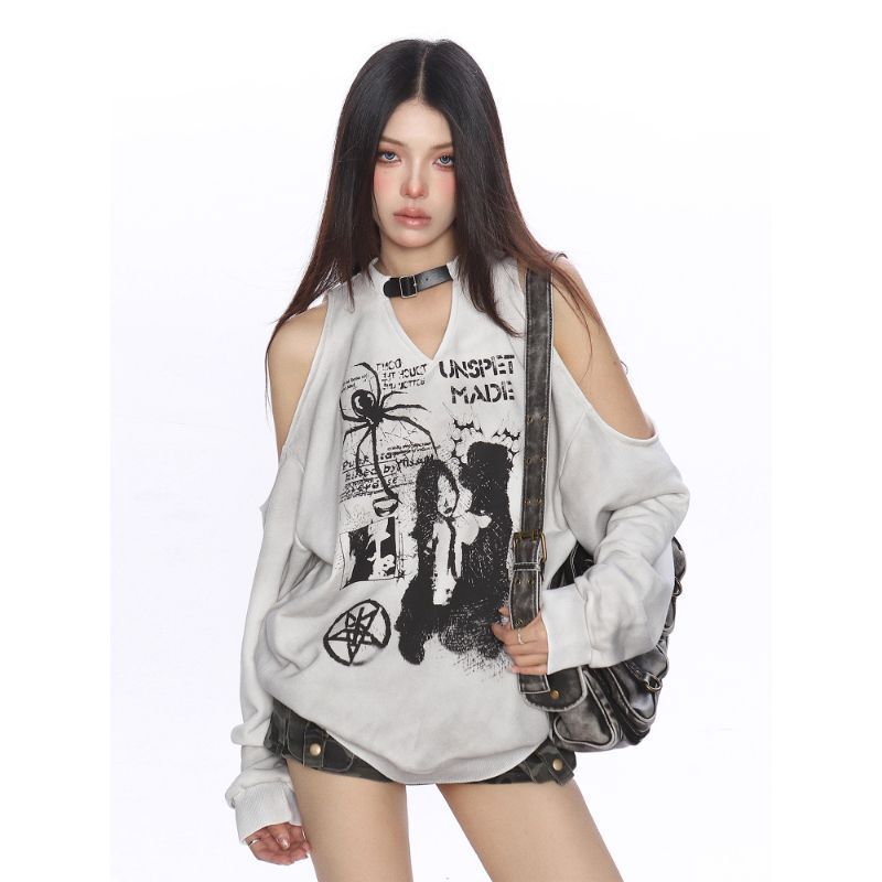 [Mamba Cotton Fabric] Spider Graffiti Off-Shoulder Printed Long-Sleeved Top Women's Loose Chic Sweatshirt