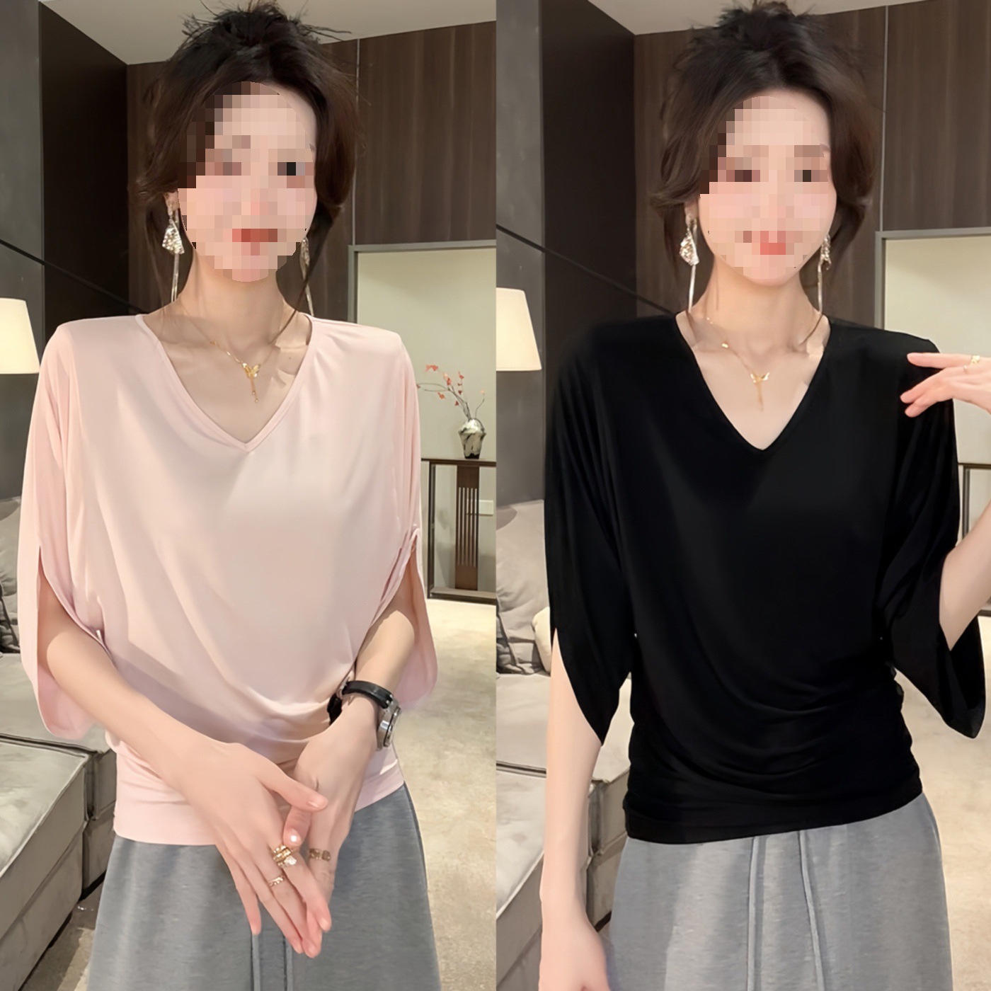 面膜感蝙蝠袖V领短袖t恤女夏极简袖子开叉收腰显瘦垂感五分袖上衣