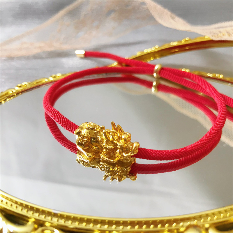 Bebé tejido a mano simple cuerda roja pulsera 3D color-Retención chapado en oro suerte cuentas animal año joyería