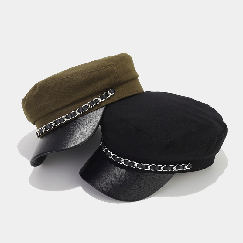 Unisex Elegant Solid Color Chain Curved Eaves Military Hat display picture 2