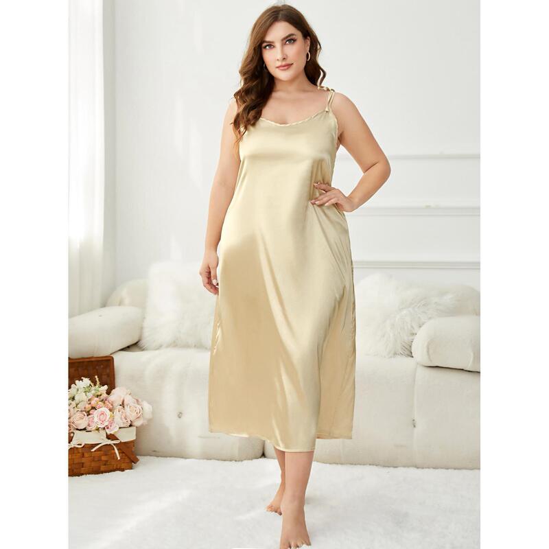 Cross-Border Plus-Size Women's Summer Nightgown 100kg Plus-Size Ice Silk Nightdress for Women, Suitable for Wearing Outside, Women's Loungewear Cross-Border Plus-Size Women's Summer Nightgown 100kg Plus-Size Ice Silk Nightdress for Women, Suitable for Wearing Outside, Women's Loungewear
