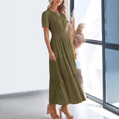 2025春夏クロスボーダー欧米貿易婦人服Vネックプリーツパフスリーブワイドスカートドレス女性用欧米風