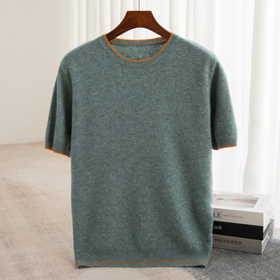 Spring new pure wool half sleeve men's round neck short sleeve knitted sweater bottoming shirt casual youth inner T-shirt