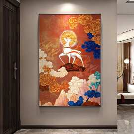 发财鹿玄关挂画高级感新中式入户走廊过道装饰画红色敦煌客厅壁画