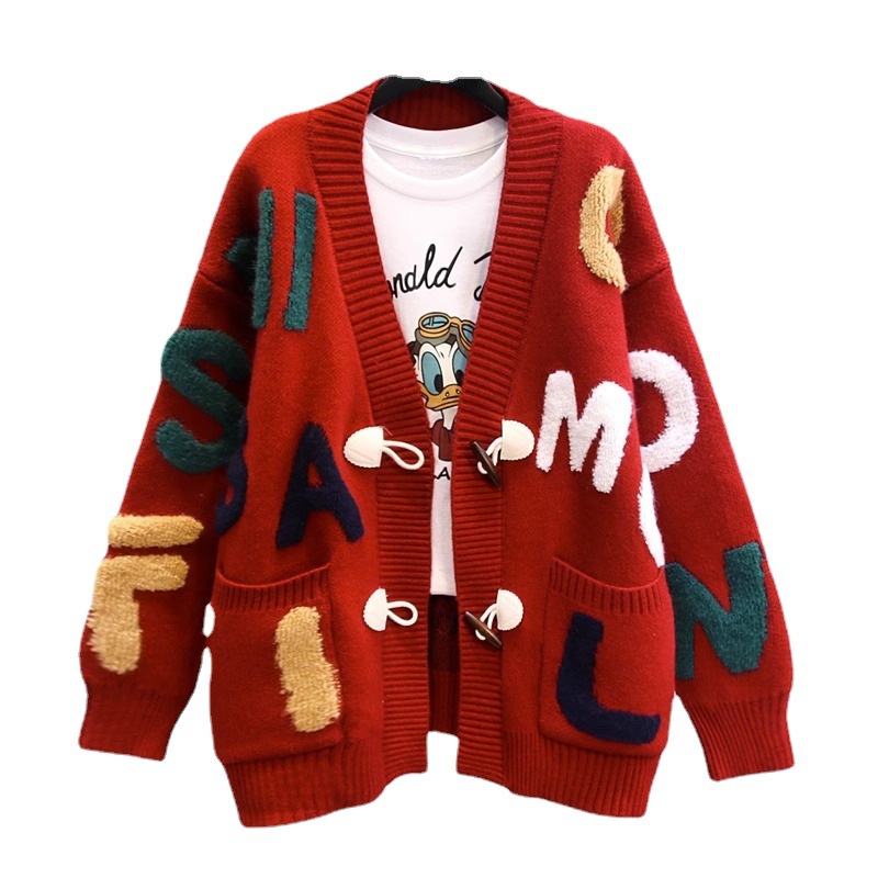 Women's Clothing Fat mm stylish horn button letter sweater jacket for women autumn and winter new large size loose lazy style knitted cardigan_voghion.com