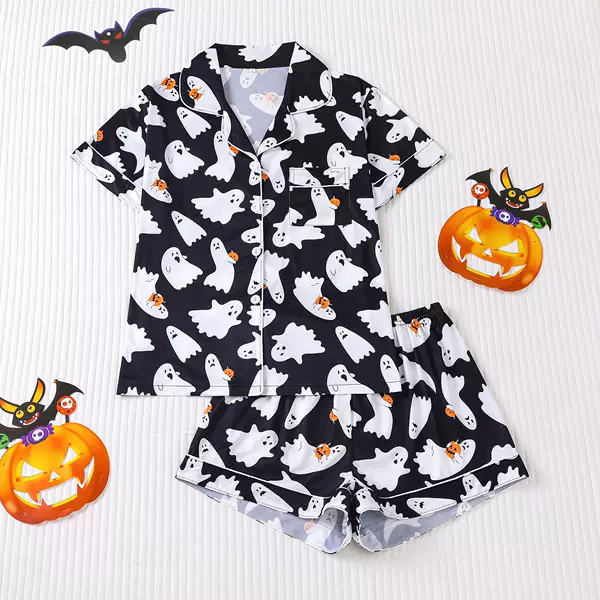 Cross-Border Foreign Trade New European and American Women's Pajamas Halloween Printed Lapel Short-Sleeved Shorts European and American Home Wear Set