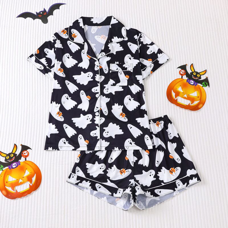 Cross-Border Foreign Trade New European and American Women's Pajamas Halloween Printed Lapel Short-Sleeved Shorts European and American Home Wear Set