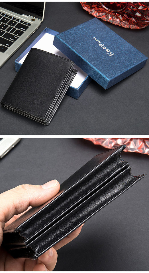 Ví nam da bò thật dạng ngắn kiểu ngang chống trộm RFID, nhiều ngăn đựng thẻ — Cà phê, Màu đen chi tiết 20