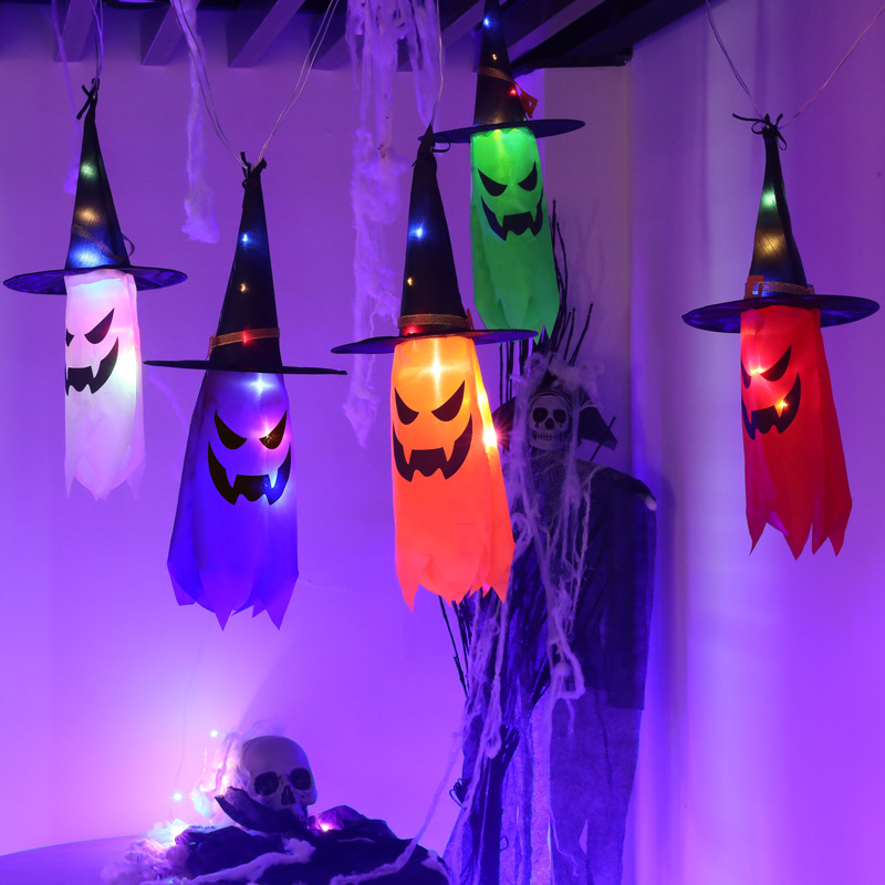 跨境万圣节装饰挂件布艺幽灵巫师帽彩灯Halloween恐怖LED装饰灯