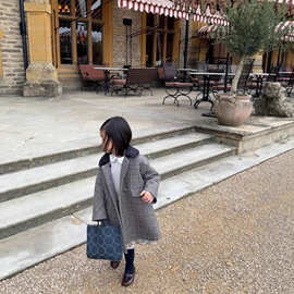 韩版女童毛绒领格纹外套2025冬季新款洋气时髦复古百搭羊毛呢外套