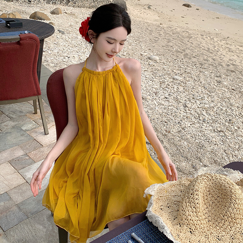 싼야 해변 사진 치마 분위기 비치 스커트 백리스 태국어 짧은 휴가 원피스