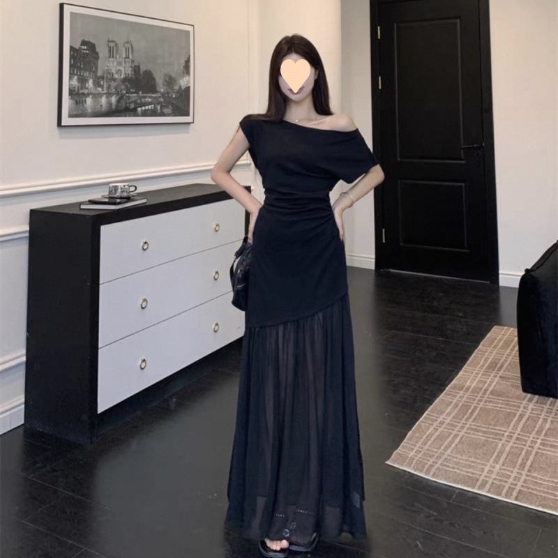 150kg Plus-Size Korean Fashion Off-Shoulder Mesh Patchwork Unique Niche Slimming Long Dress