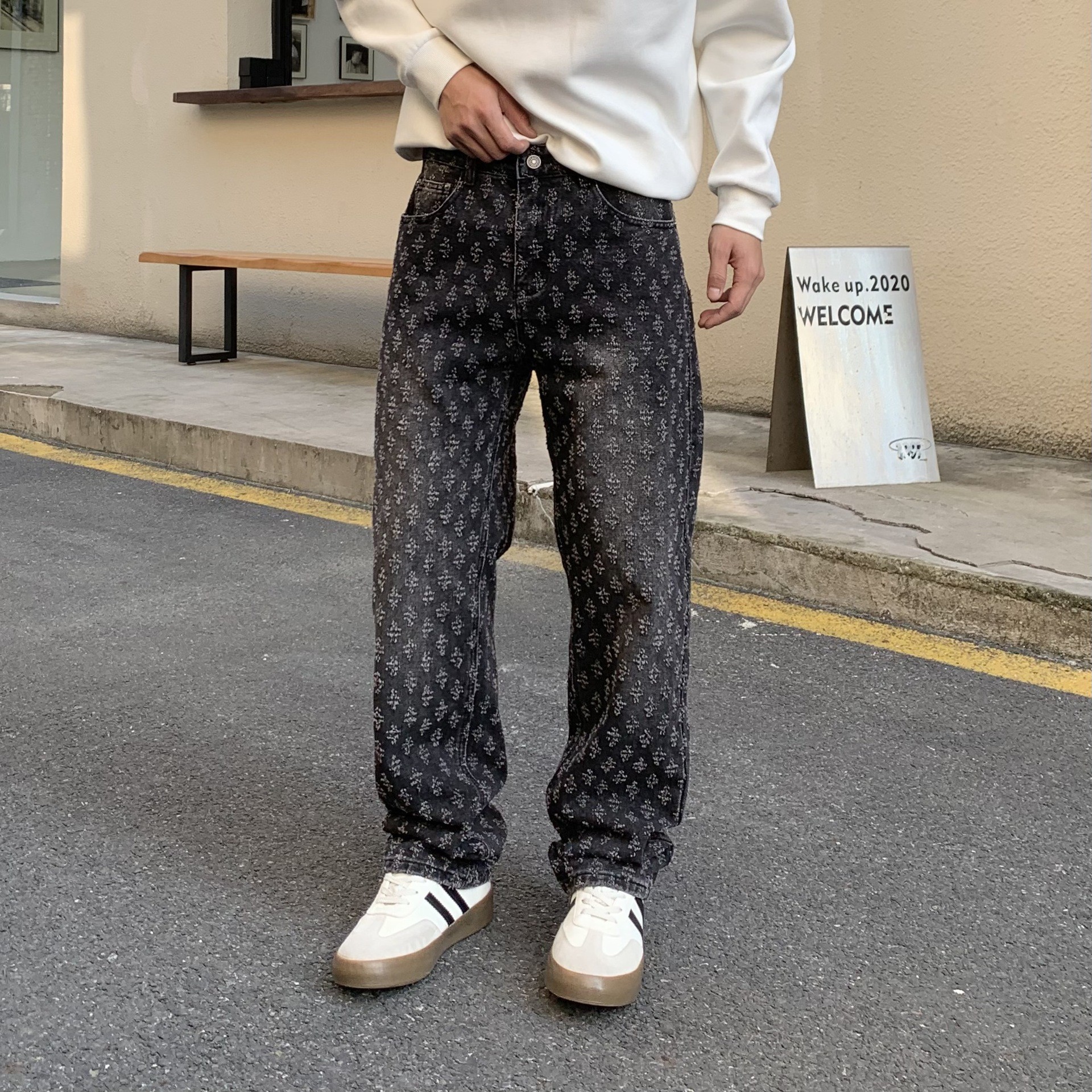 Mainly Recommended: American-Style Jacquard Full-Print Jeans for Men, Summer Trendy Brand, Loose Straight-Leg Washed Casual Pants, Men's Thin Clothing