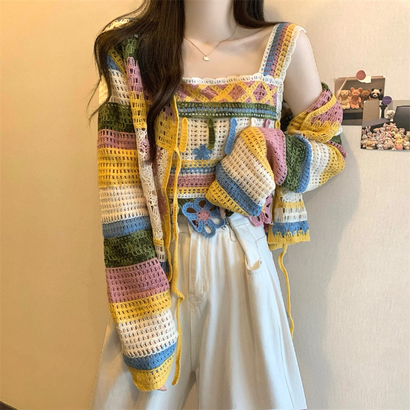 Bohemian Ethnic Style Hollow Knitted Cardigan Women's Autumn Design with Camisole Two-Piece Set