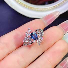 新款天然伦敦蓝戒指S925银镶嵌主石5*7mm百搭网红爆款女饰批发