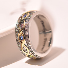 热卖新款镀18k黄金满钻双色戒指欧美的家人女士齿轮彩宝婚庆指环