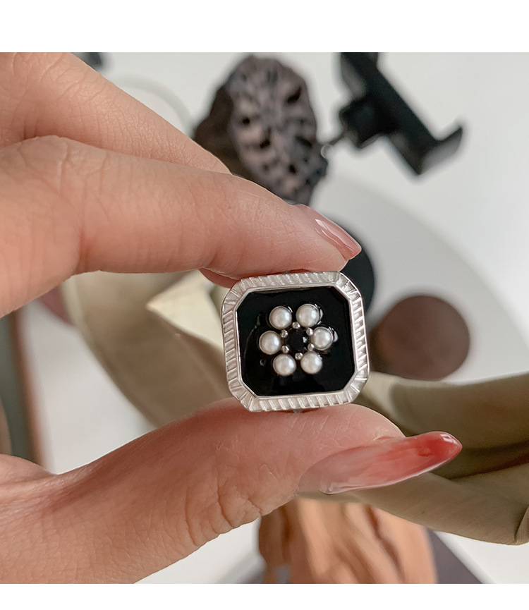 Hong Kong Stil Schwarz Emaille Blumen Silber Ring Retro Trend_voghion.com