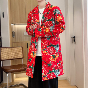 Y001 Men's Mid-Length Casual Windbreaker Jacket Northeastern Big Flower Handsome Outerwear Trendy Large Size M-5Xl