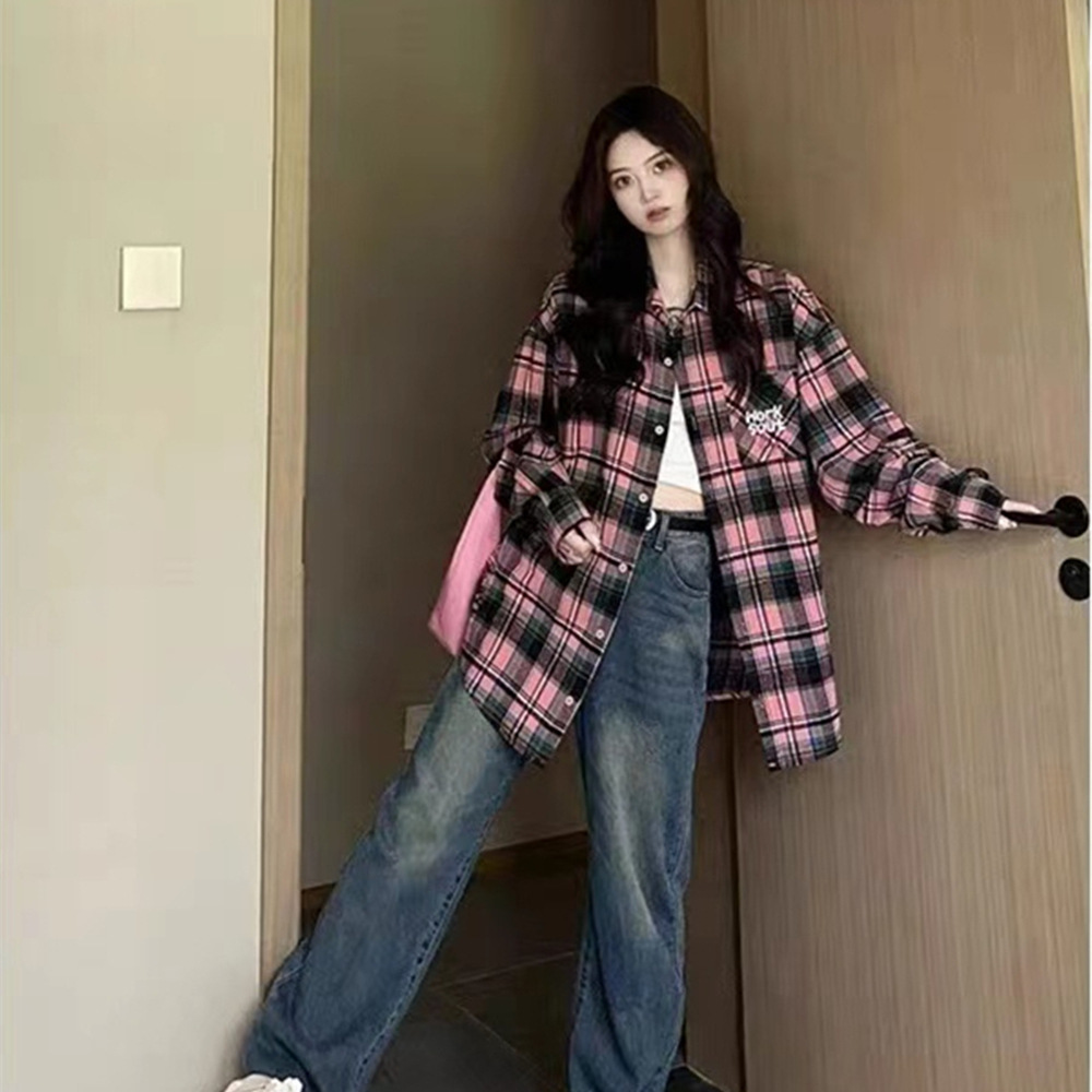 美式复古刺绣格子衬衫女春秋季宽松中长款休闲长袖衬衣外套上衣薄