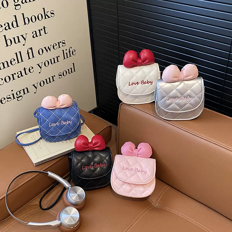 儿童新款菱格可爱蝴蝶结迷你小圆包亲子洋气百搭女宝零钱斜挎包潮