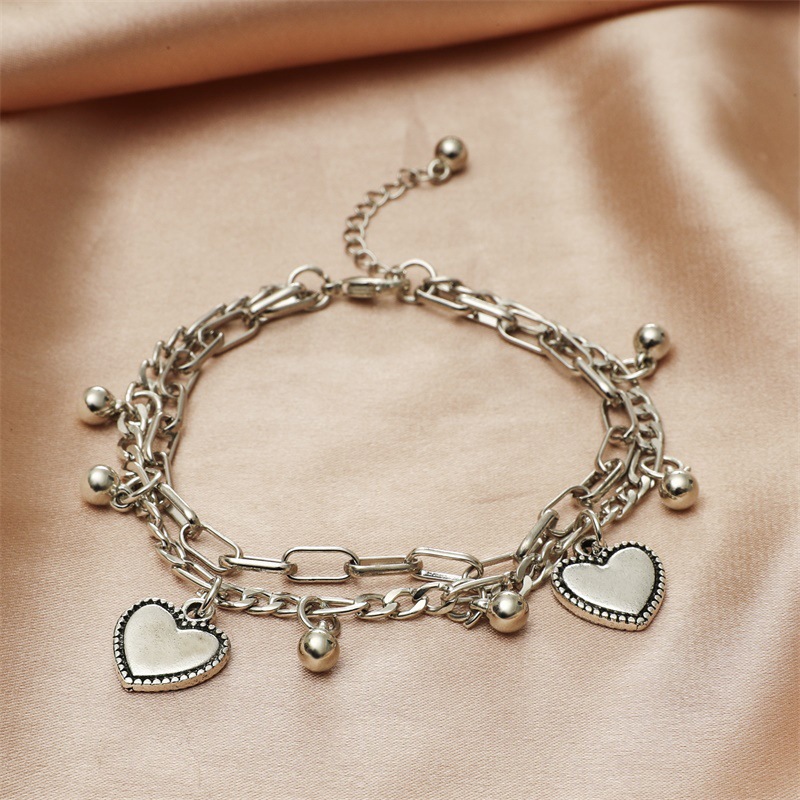 Vintage Double Heart Bangle Bracelet For Couples Minimalist Style_voghion.com