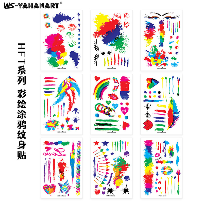 European and American Hot Selling Amazon Rainbow Graffiti Men's and Women's Waterproof Tattoo Sticker Fan Party Party Temporary Tattoo Sticker