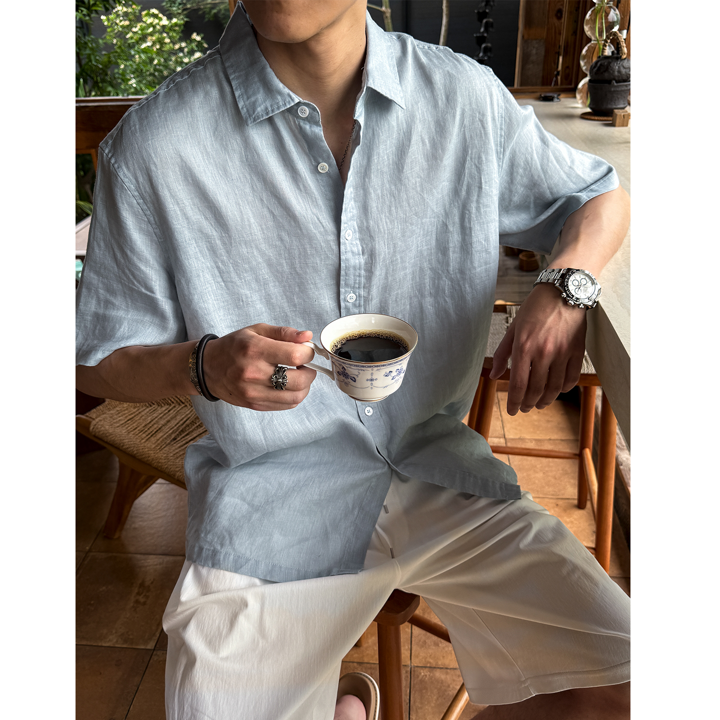 MANCHER Luxury Vintage Style 100% Linen Short-Sleeve Shirt Men's Summer Cool, Breathable, Lightweight Collared T-Shirt
