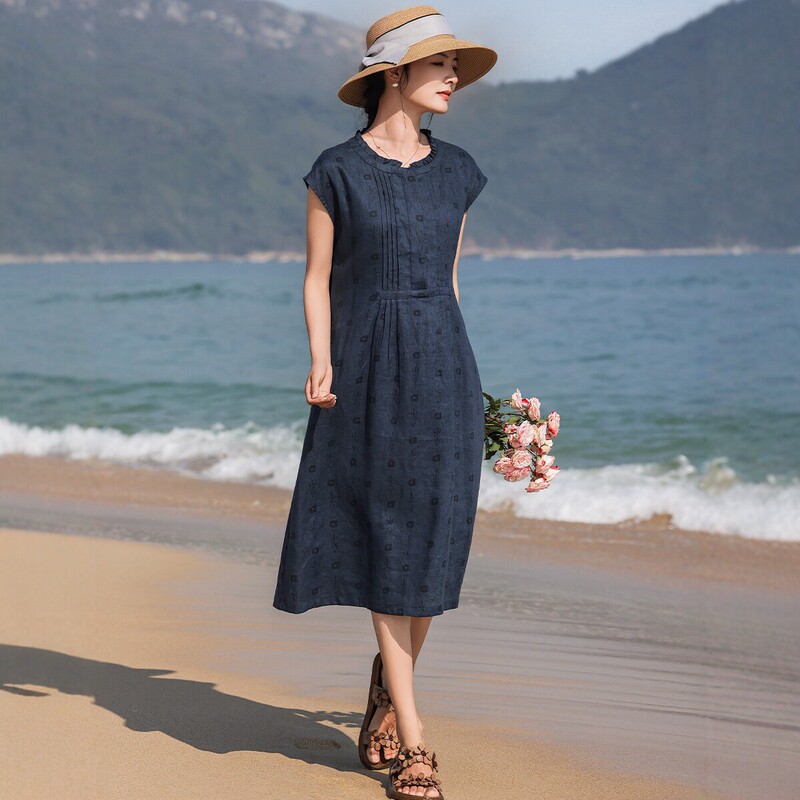 High-End Linen Dress with Artistic Floral Print, Sleeveless, Ruffled Edges, Slimming Mid-Length A-Line Dress, New Summer 2026 Model