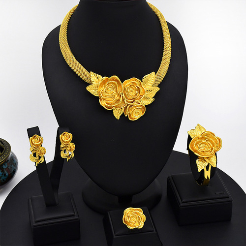 24K Dubai Gold Jewelry Set Fashionable Earrings for Europe, America, and Africa - Factory Wholesale 4-Piece Set