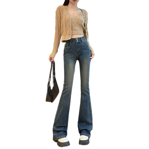 Women's Wide-Leg Jeans 2024 Autumn/Winter New Arrival High-Waist Slimming Flared Pants Cement Grey Elastic Martedrin