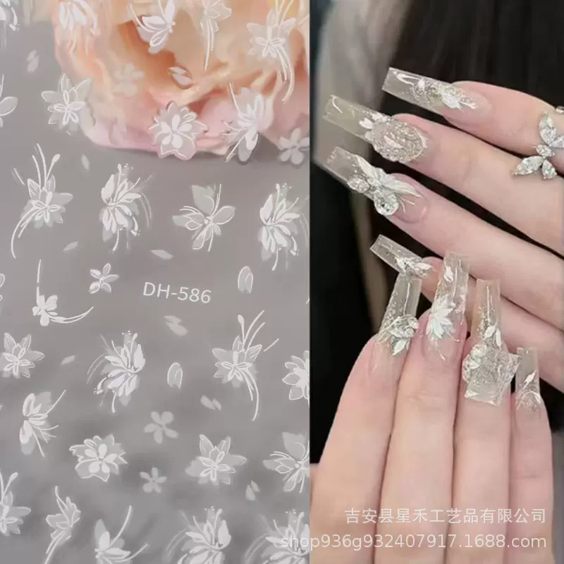 网红爆款雪割草蝴蝶指甲浮雕贴纸2024新款3D美甲手绘花朵饰品批发