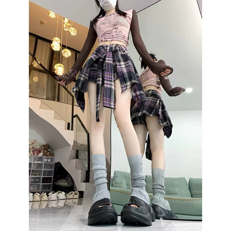 Модная крутая юбка нерегулярной формы на шнуровке с высокой талией для женщин, лето 2025, новый дизайн, короткая юбка в контрастную клетку с надписью