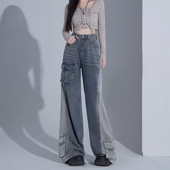 个性口袋设计拼色工装牛仔裤女春秋新款高腰宽松显瘦直筒阔腿长裤