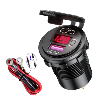 Mobil şarj cihazları: Display Button Qc3.0 Car USB - qc30pd-fast-chargeonoff-keydigital-display-red1m-cable