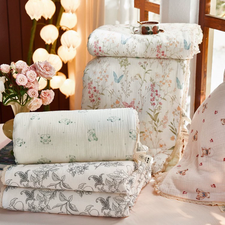 Летнее одеяло из хлопковой марли в пасторальном стиле, комплект из четырех предметов, 20% соевого волокна, одеяло с небольшим цветочным принтом, мягкое одеяло с кондиционером