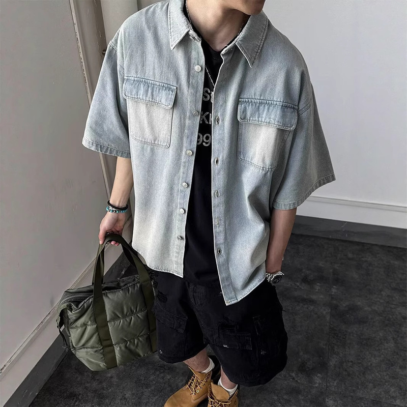 Trendy Literary New Versatile Denim Shirt for Men Summer Ins Popular American Fashion Brand Retro Short-Sleeve Top for Men Trendy Literary New Versatile Denim Shirt for Men Summer Ins Popular American Fashion Brand Retro Short-Sleeve Top for Men